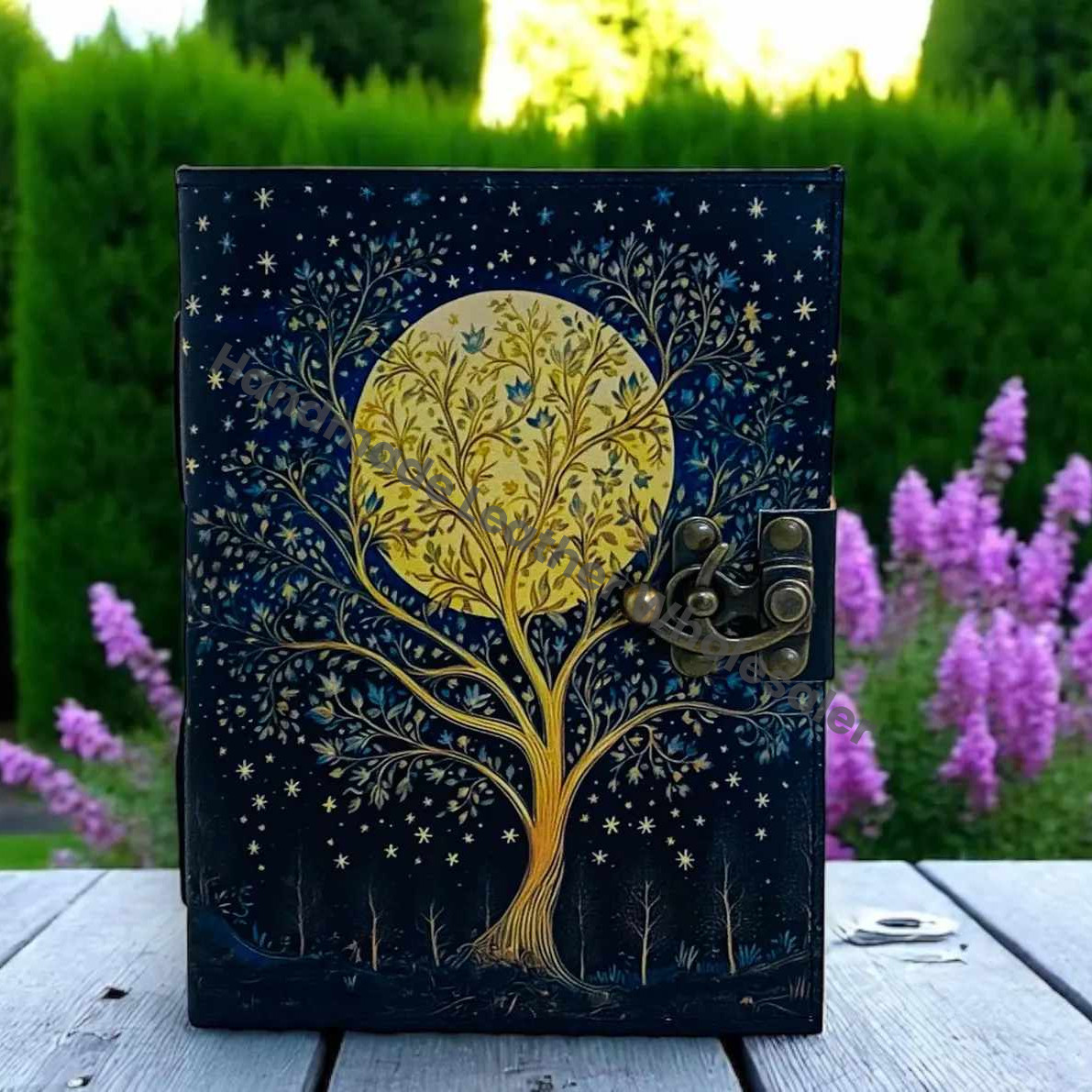 Celestial Tree of Life Leather Journal | Handmade Grimoire Moon Spell Book | Antique lock Closure | Christmas Gifts for Him & her