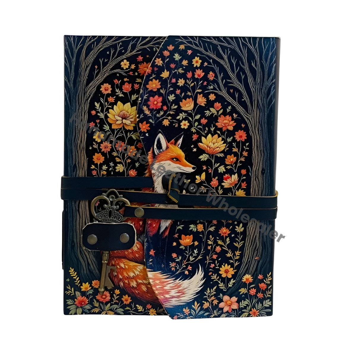 Fox Leather Journal | Handmade Grimoire Fat Journal -Brass Key Closure | Blank Spell Book of Shadows | Celestial Gift for Christmas