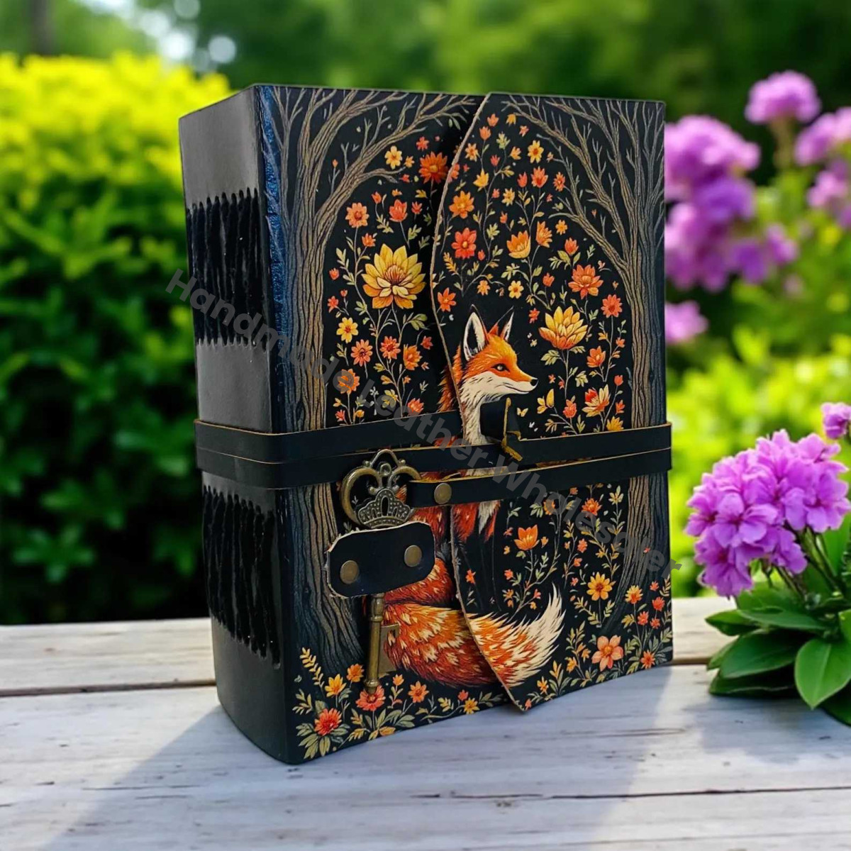 Fox Leather Journal | Handmade Grimoire Fat Journal -Brass Key Closure | Blank Spell Book of Shadows | Celestial Gift for Christmas