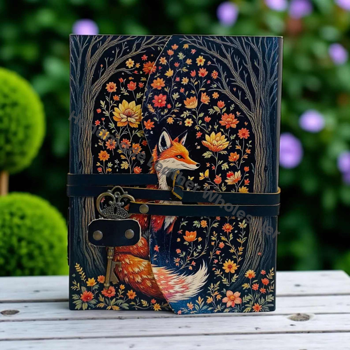 Fox Leather Journal | Handmade Grimoire Fat Journal -Brass Key Closure | Blank Spell Book of Shadows | Celestial Gift for Christmas