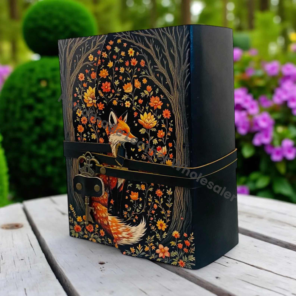 Fox Leather Journal | Handmade Grimoire Fat Journal -Brass Key Closure | Blank Spell Book of Shadows | Celestial Gift for Christmas