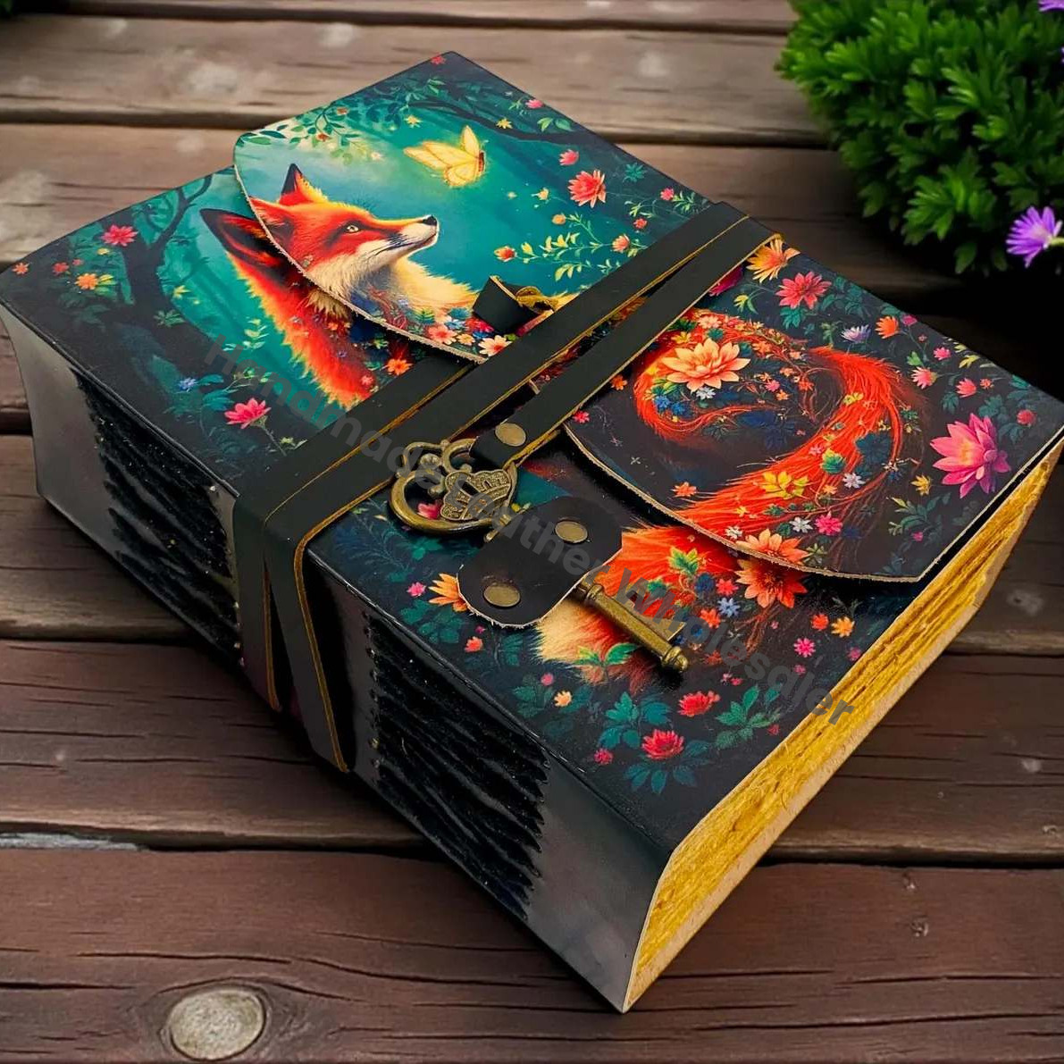Fox Leather Journal Vintage Handmade Notebook With Key Grimoire Spell Book of Shadows Celestial Diary Christmas Gifts For Him Her