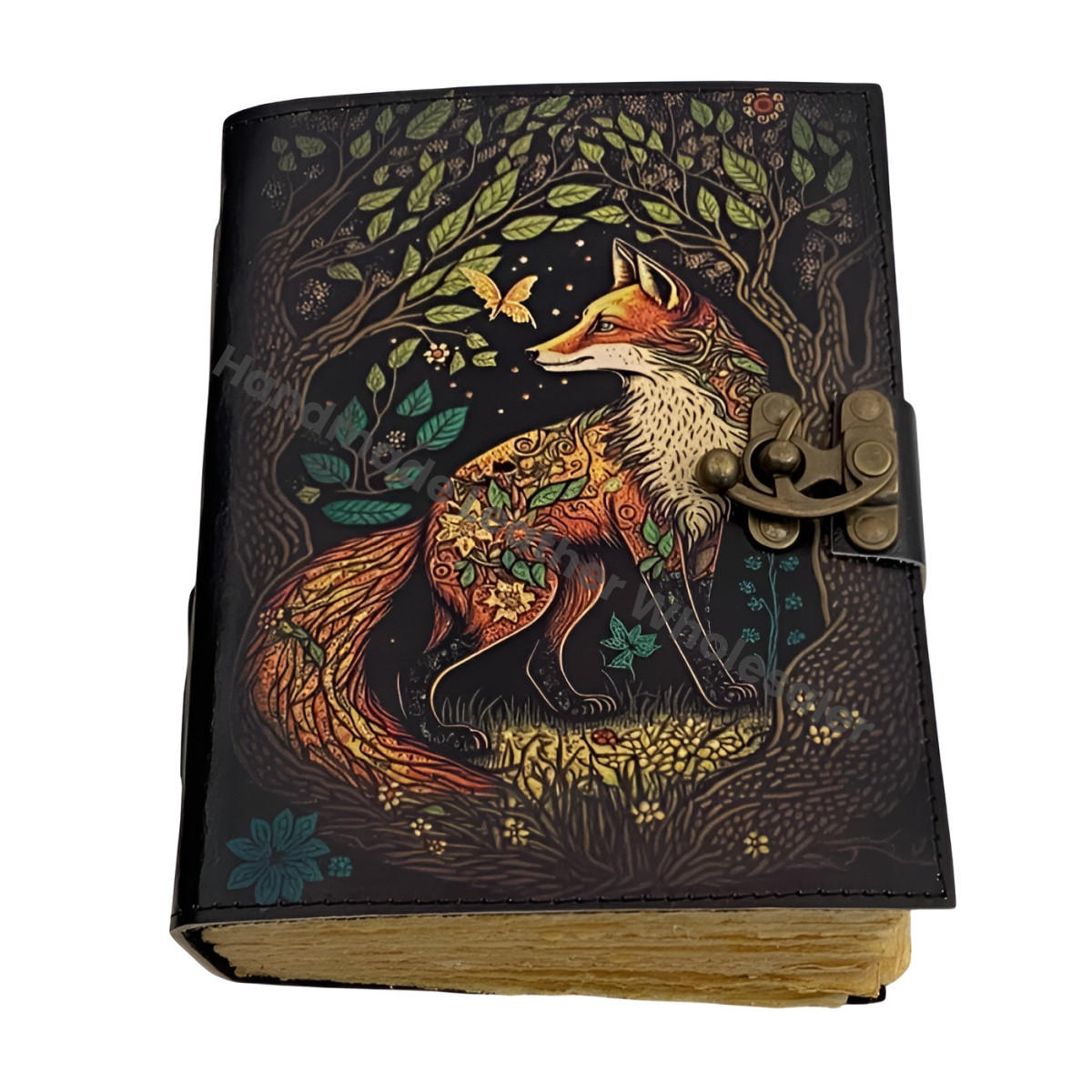 Fox Vintage Handmade leather Journal, Grimoire Fat journal Blank spell book of shadows Celestial
