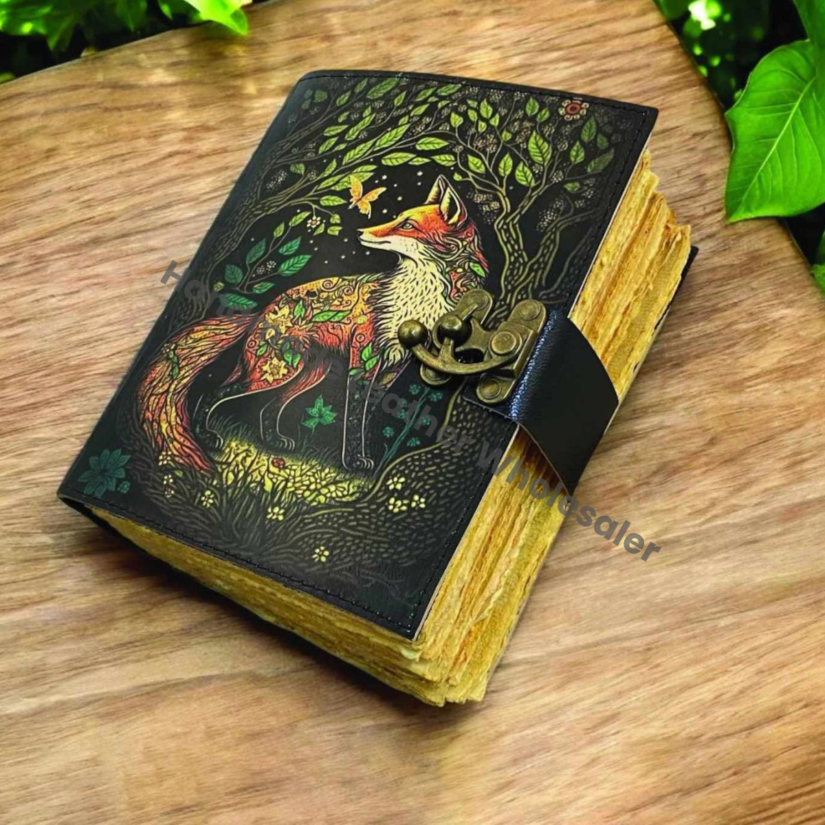 Fox Vintage Handmade leather Journal, Grimoire Fat journal Blank spell book of shadows Celestial