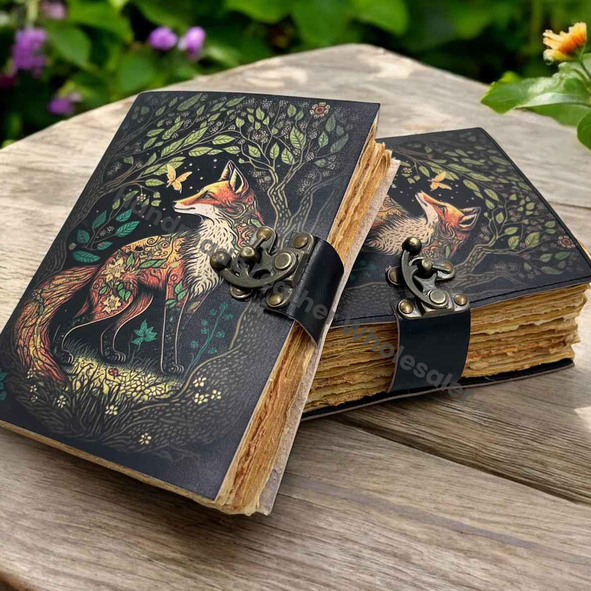 Fox Vintage Handmade leather Journal, Grimoire Fat journal Blank spell book of shadows Celestial