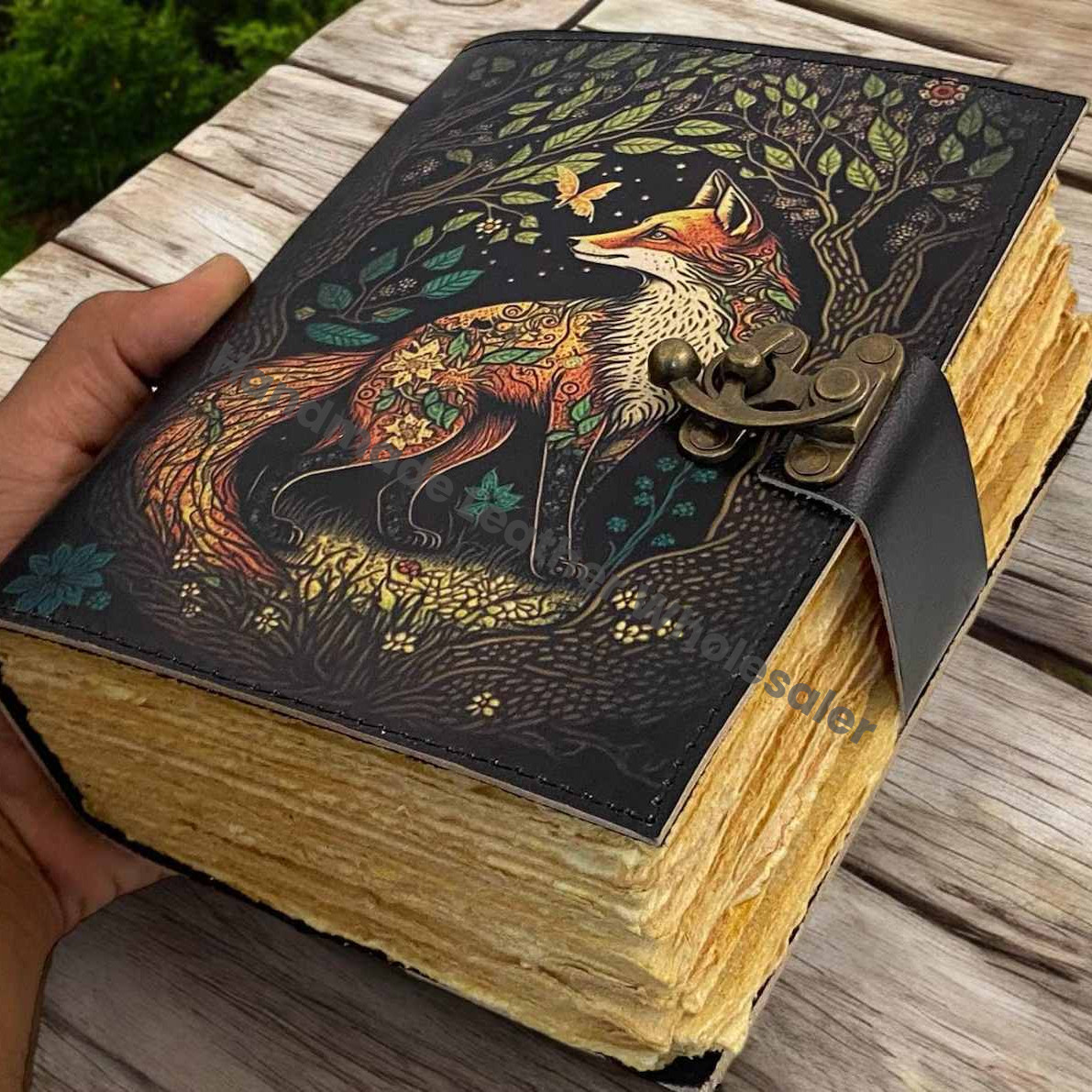 Fox Vintage Handmade leather Journal, Grimoire Fat journal Blank spell book of shadows Celestial