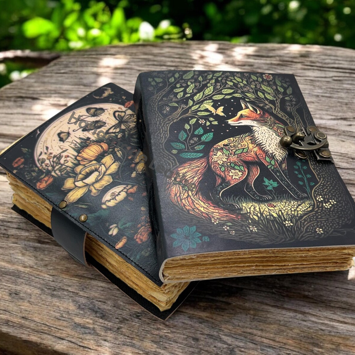 Fox Vintage Handmade leather Journal, Grimoire Fat journal Blank spell book of shadows Celestial