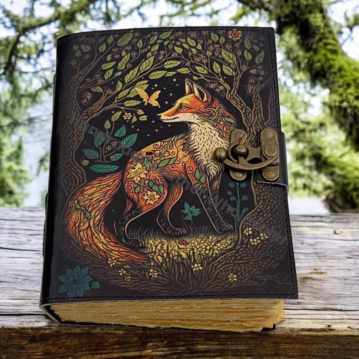 Fox Vintage Handmade leather Journal, Grimoire Fat journal Blank spell book of shadows Celestial