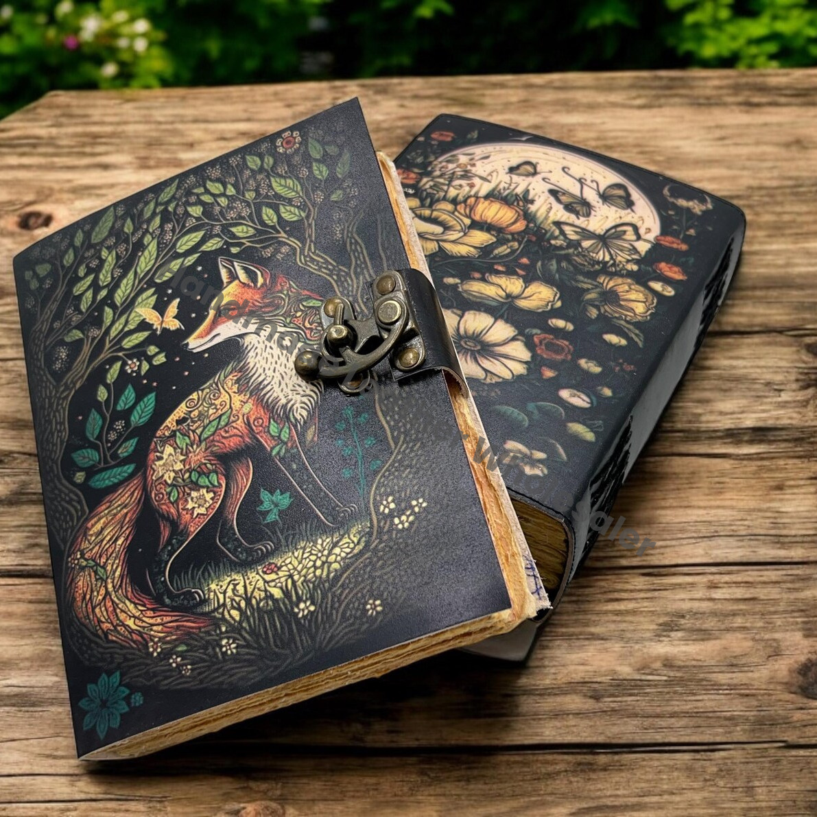 Fox Vintage Handmade leather Journal, Grimoire Fat journal Blank spell book of shadows Celestial
