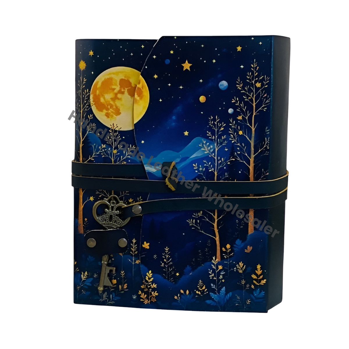 Moon phase Forest Leather Journal with Key | Moonlit Witchy Grimoire | 400 Pages Deckle Paper Book of Shadows | Gift for Her/Him
