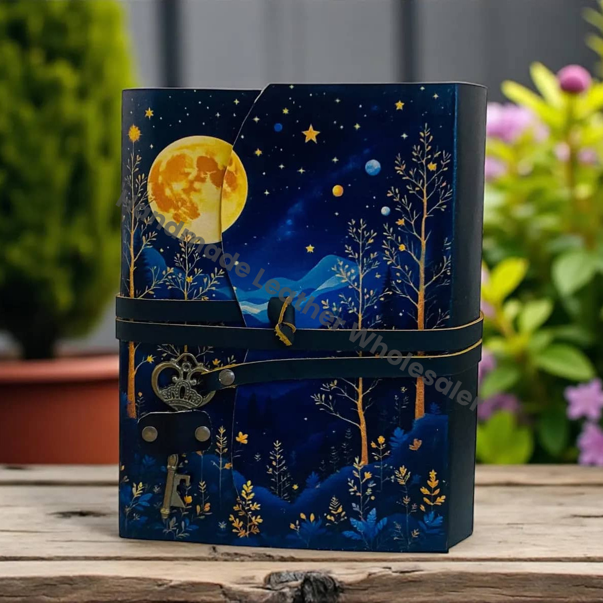 Moon phase Forest Leather Journal with Key | Moonlit Witchy Grimoire | 400 Pages Deckle Paper Book of Shadows | Gift for Her/Him