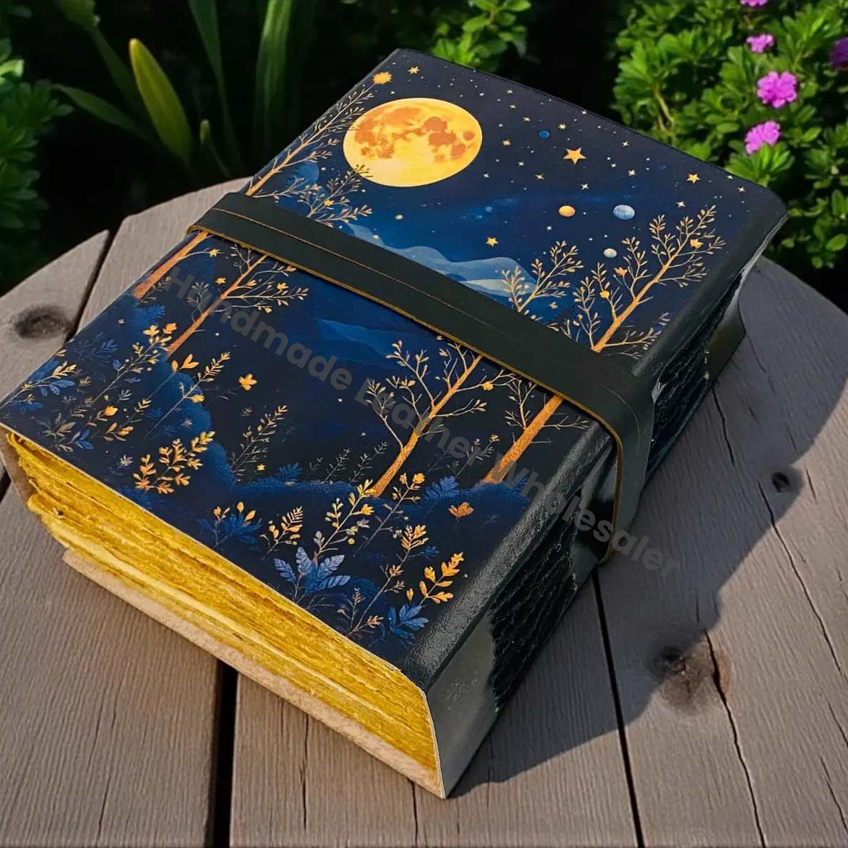Moon phase Forest Leather Journal with Key | Moonlit Witchy Grimoire | 400 Pages Deckle Paper Book of Shadows | Gift for Her/Him