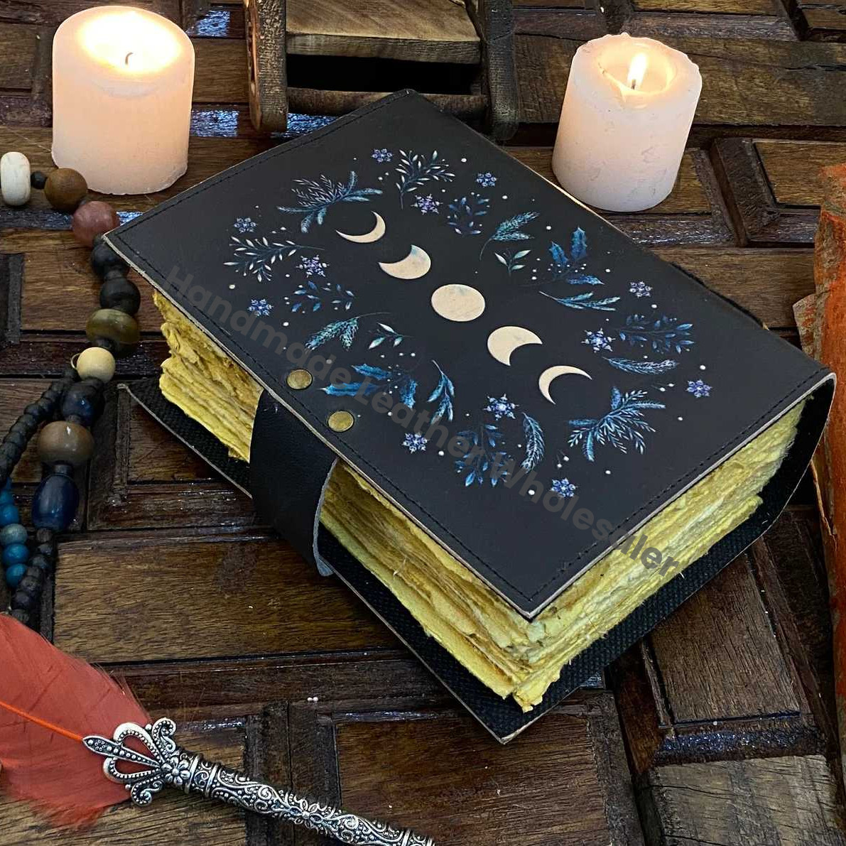 Large Grimoire leather journal, Moon Phases journal Book of Shadows ,Notebook Blank spell Leather