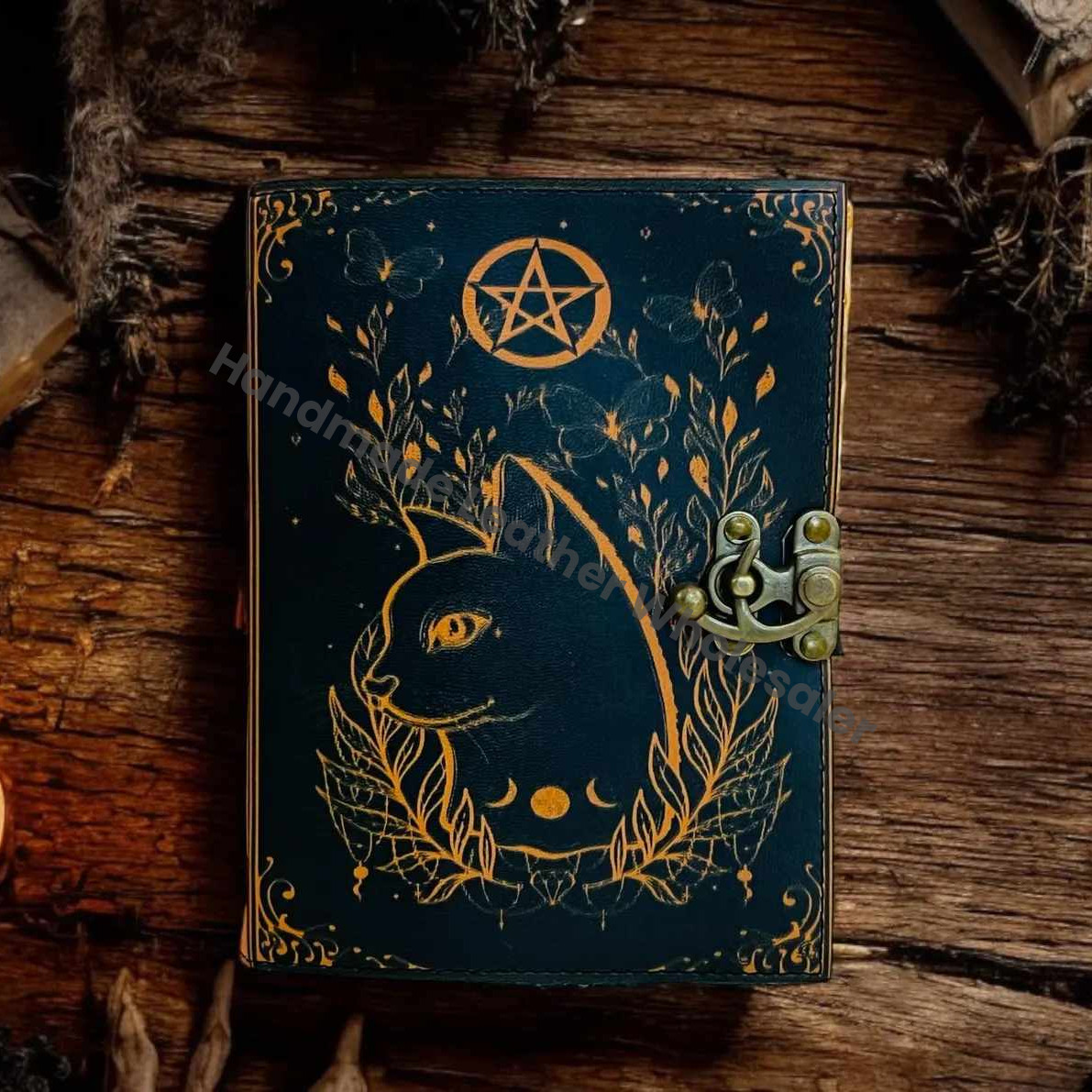 Grimoire Celtic Cat Book of shadow -Leather Journal- Blank Spell book - Witch Wiccan Notebook Journal