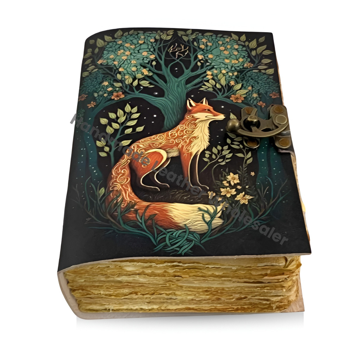 Grimoire Fox Leather Journal Blank Spell book of shadows Fat journal - Handmade paper Fox Journal