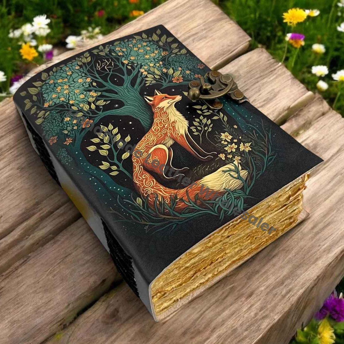 Grimoire Fox Leather Journal Blank Spell book of shadows Fat journal - Handmade paper Fox Journal