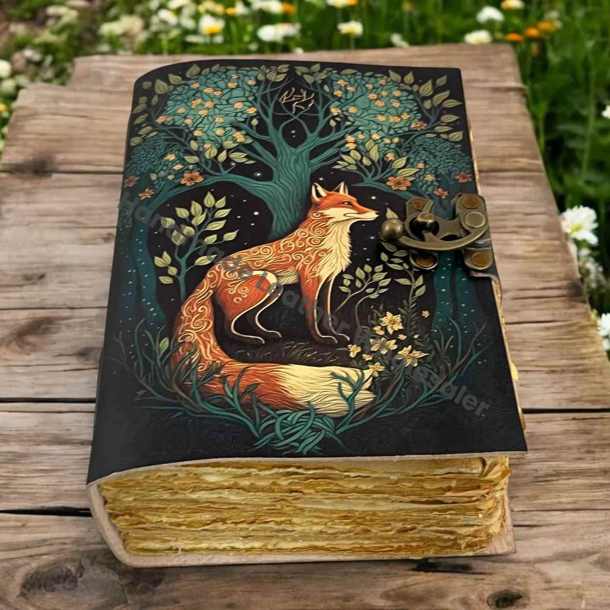 Grimoire Fox Leather Journal Blank Spell book of shadows Fat journal - Handmade paper Fox Journal