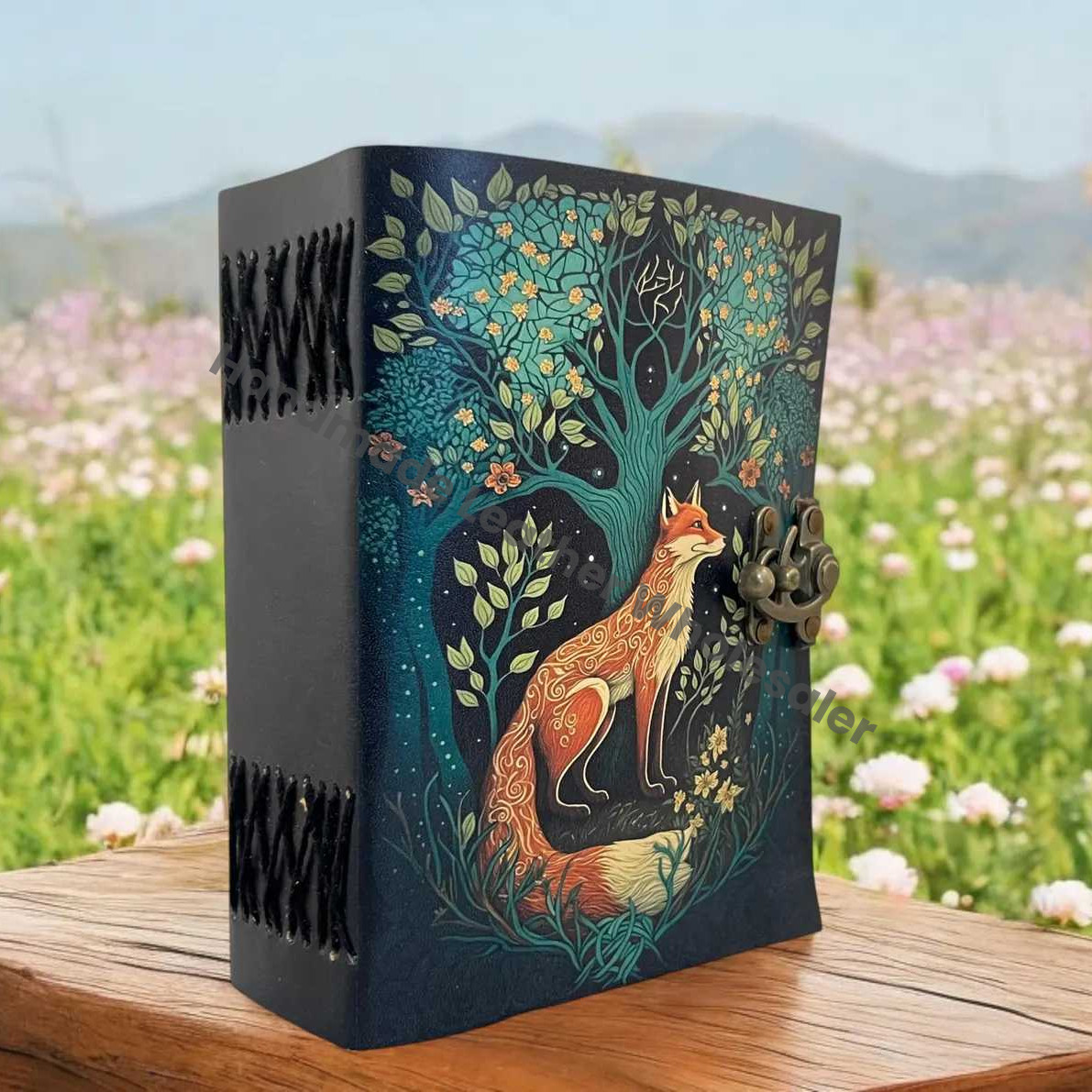 Grimoire Fox Leather Journal Blank Spell book of shadows Fat journal - Handmade paper Fox Journal