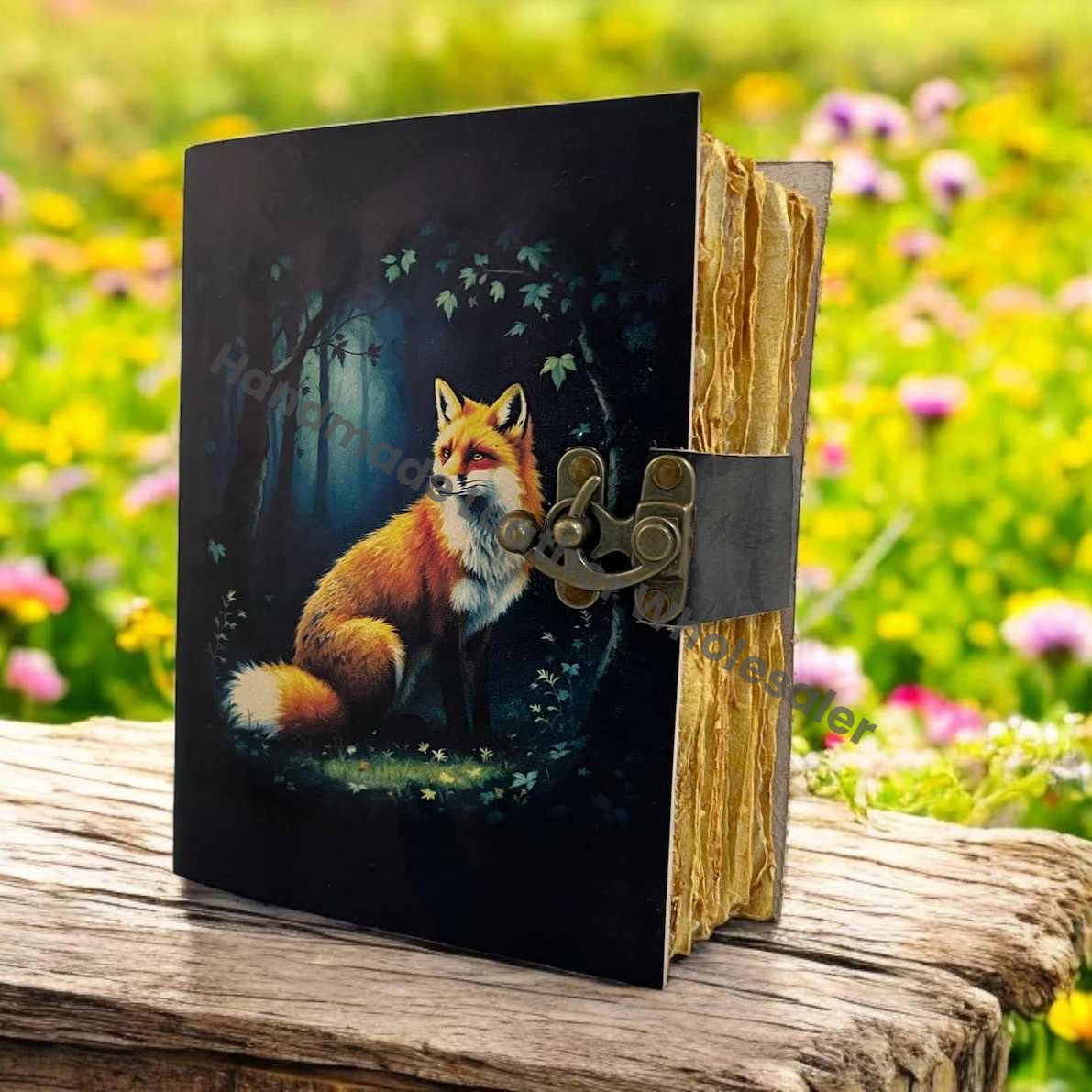 Large Grimoire Fox Leather Journal for Women Notebook Blank Spell book of shadows Fat journal - Vintage paper Handmade Journal