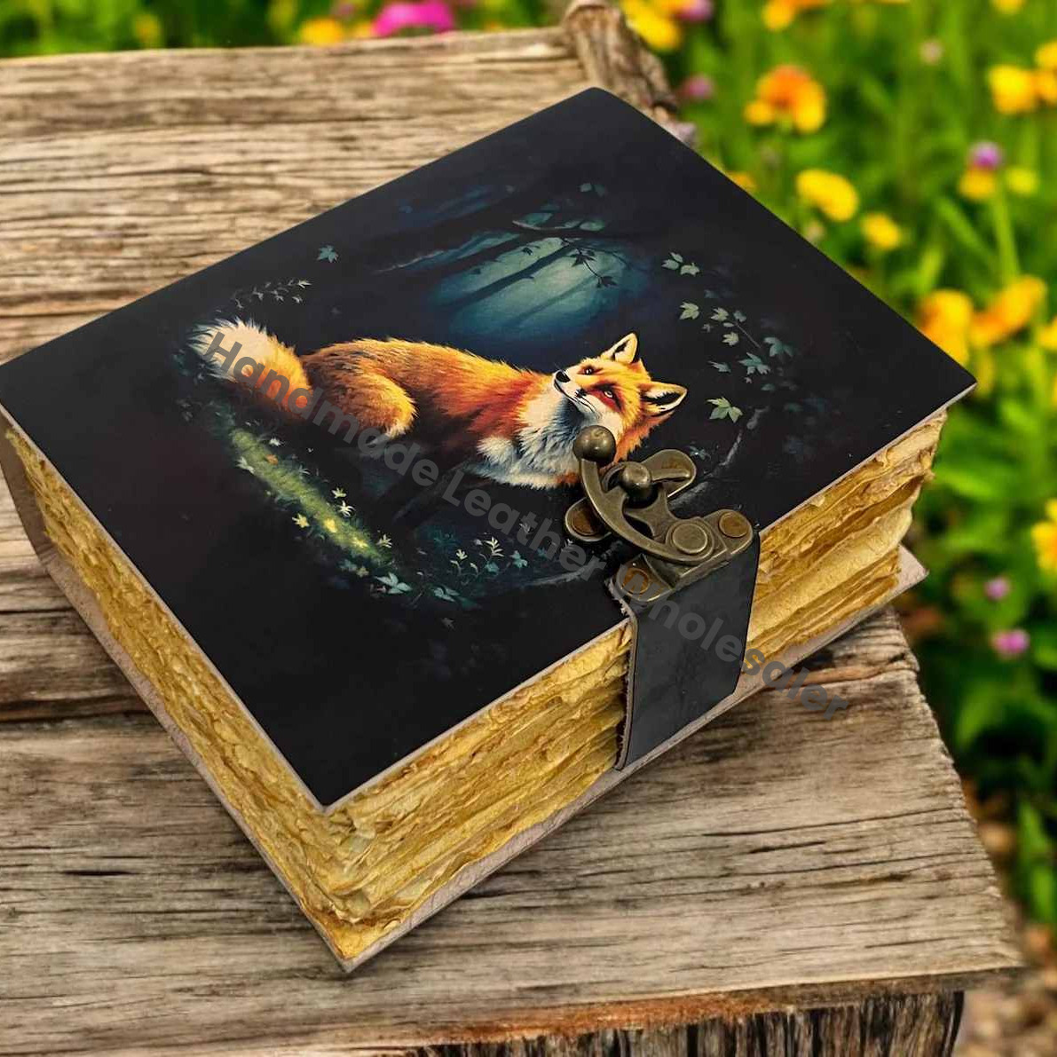Large Grimoire Fox Leather Journal for Women Notebook Blank Spell book of shadows Fat journal - Vintage paper Handmade Journal