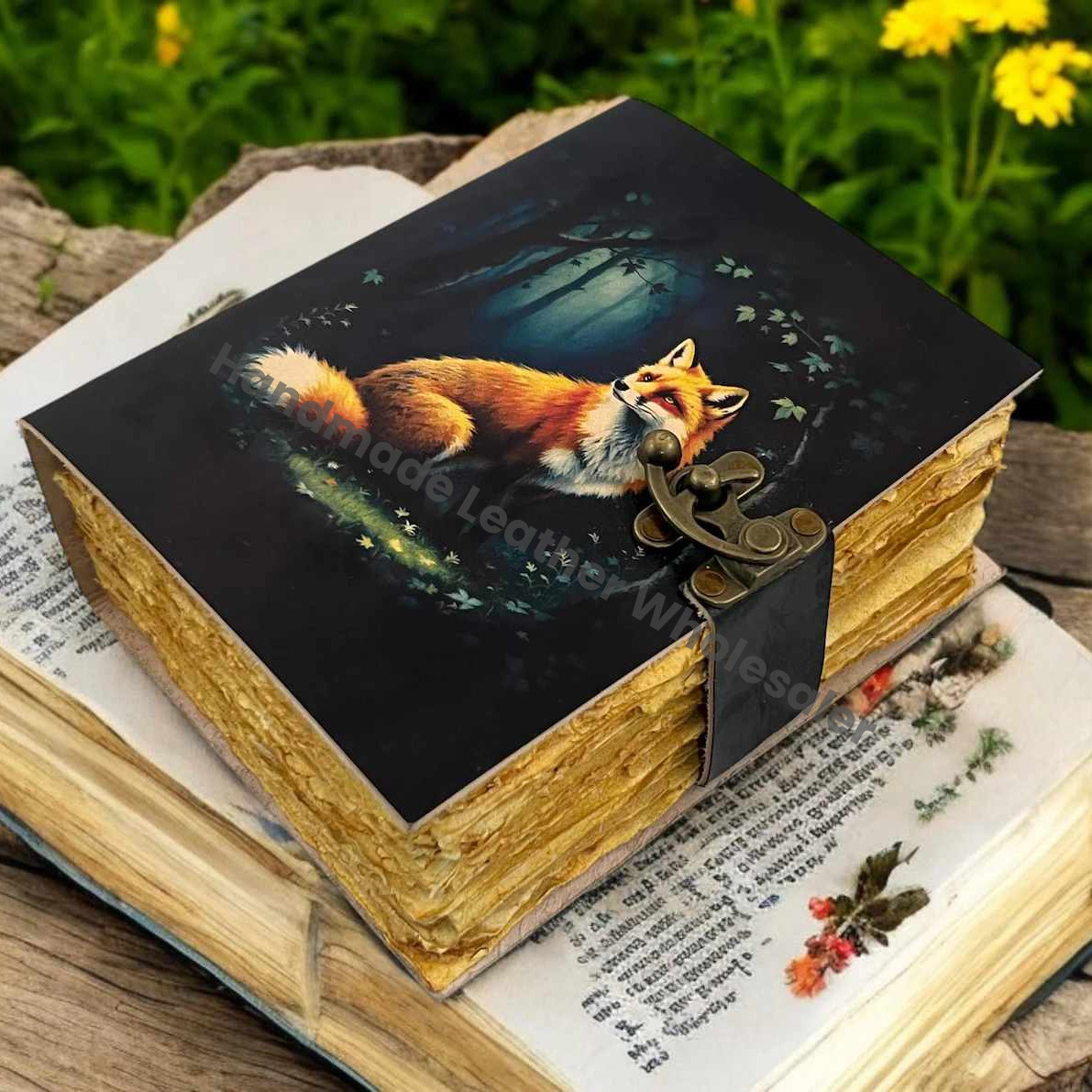 Large Grimoire Fox Leather Journal for Women Notebook Blank Spell book of shadows Fat journal - Vintage paper Handmade Journal