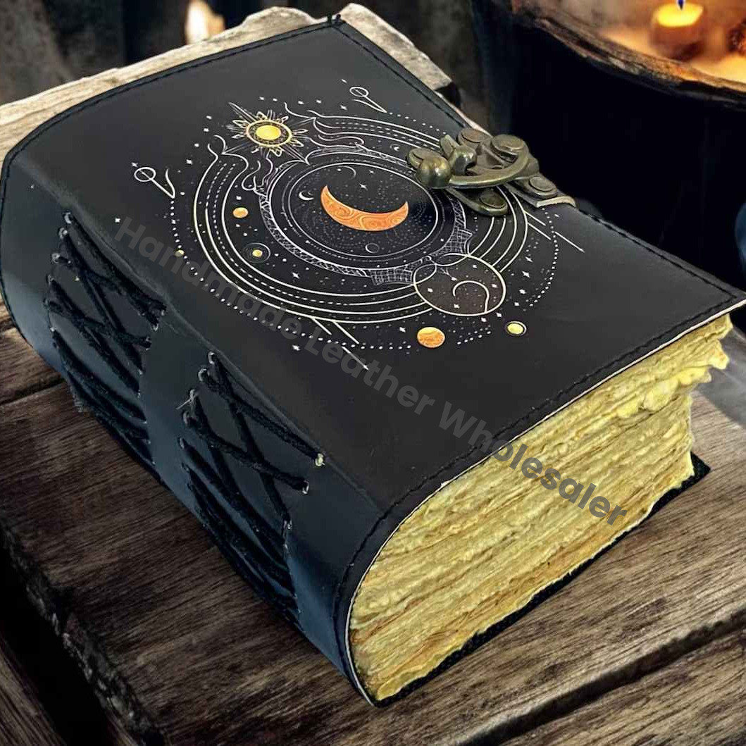 Moon phase grimoire Leather Journal Notebook -Sketchbook grimoire journal - Book of Shadows vintage handboud Large Journa