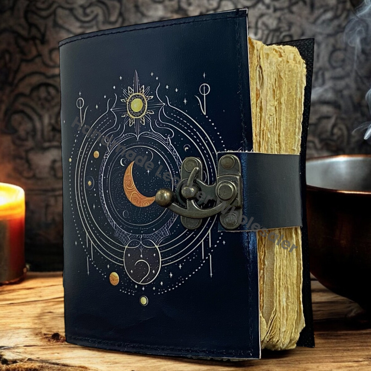 Moon phase grimoire Leather Journal Notebook -Sketchbook grimoire journal - Book of Shadows vintage handboud Large Journa