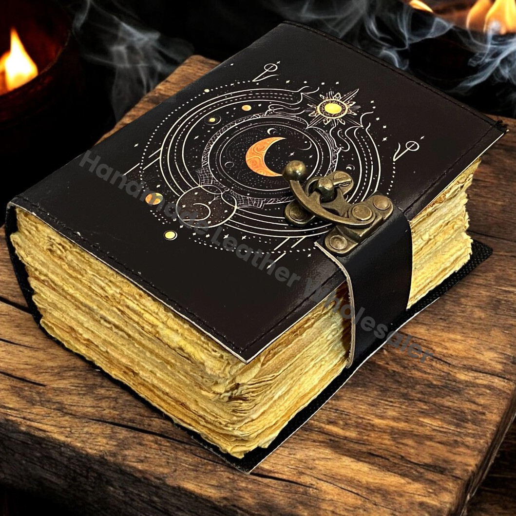 Moon phase grimoire Leather Journal Notebook -Sketchbook grimoire journal - Book of Shadows vintage handboud Large Journa