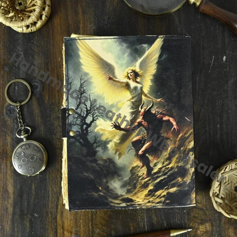Angel Devil Fairy Handmade Leather Grimoire Book of Shadows with Lock Witchcraft Journal Spell Book Wiccan Notebook Pagan Diary Magic Gift |