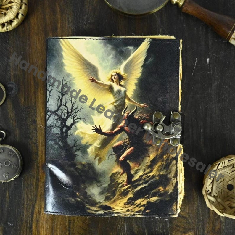 Angel Devil Fairy Handmade Leather Grimoire Book of Shadows with Lock Witchcraft Journal Spell Book Wiccan Notebook Pagan Diary Magic Gift |