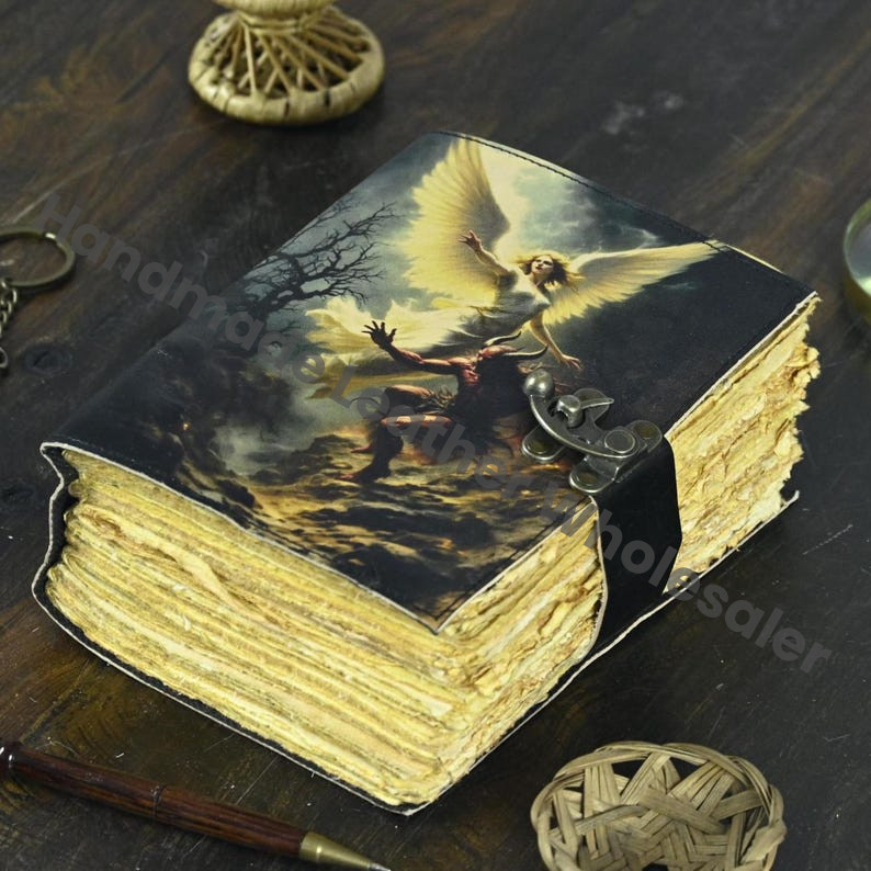 Angel Devil Fairy Handmade Leather Grimoire Book of Shadows with Lock Witchcraft Journal Spell Book Wiccan Notebook Pagan Diary Magic Gift |