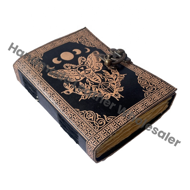 Antique Book of Spell Charmed Sun Moon Moth Leather Handmade Deckle Edge Paper Embossed Vintage Sketchbook Planner