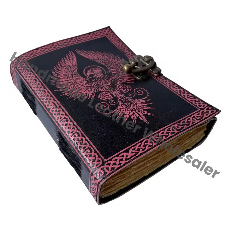 Antique Book Spell Charmed Eagle Leather Hardcover Journal Handmade Deckle Edge Paper Pink Black Embossed Vintage