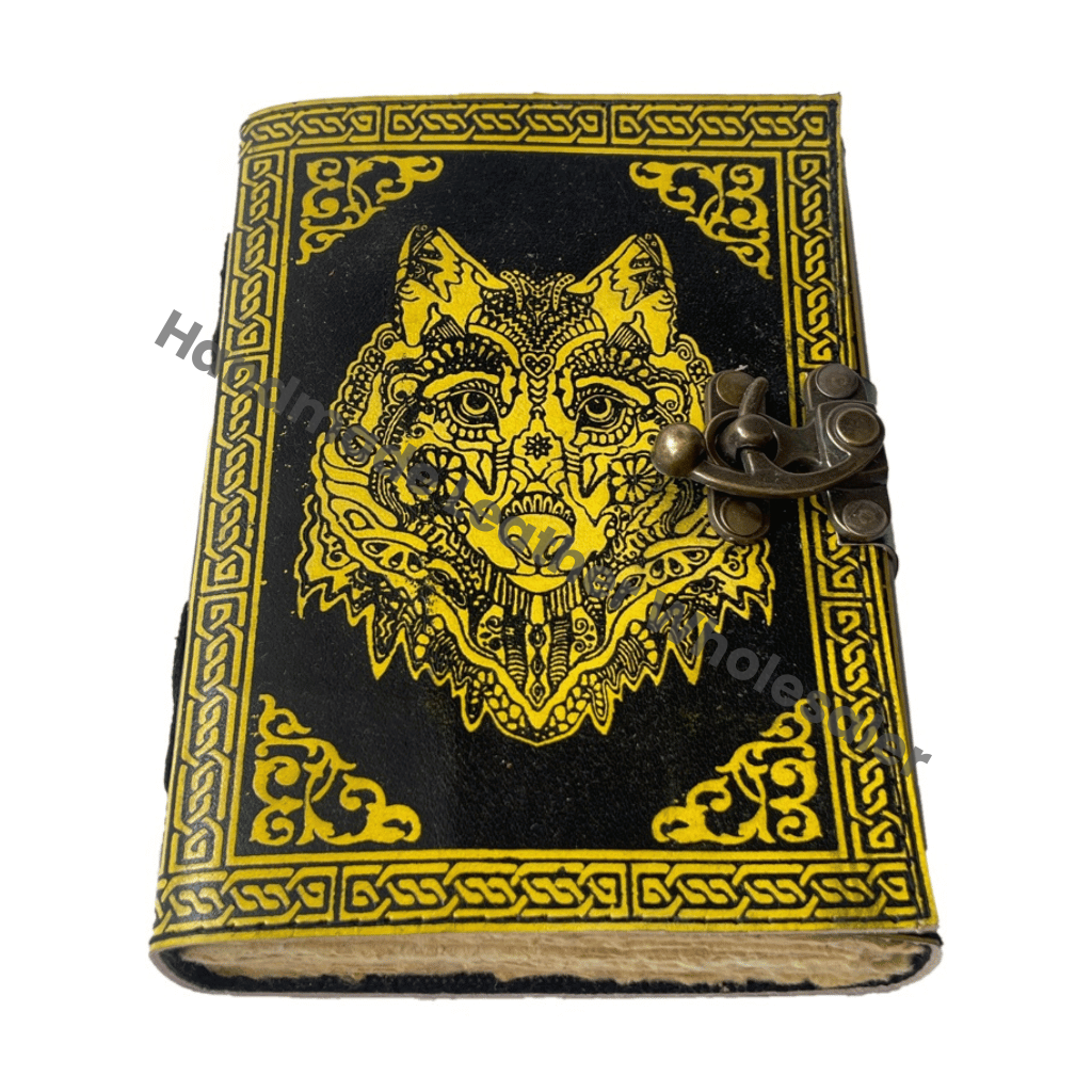 Antique Book Spell Charmed Wolf Face Celtic Leather Handmade Deckle Edge Water Color Yellow Black Embossed Vintage Hardcover