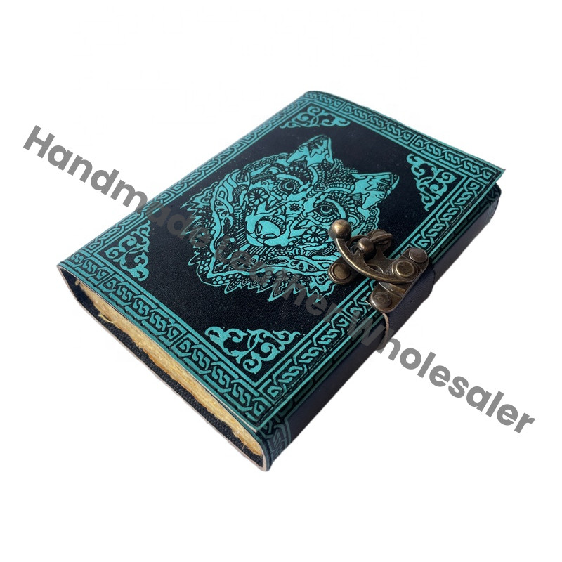 Antique Book Spell Charmed Wolf Face Celtic Leather Hardcover Handmade Spiral Deckle Edge Paper Blue Black Embossed Vintage Gift