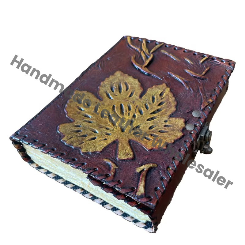 Antique Brown Handmade Leather Hardcover Address Book Planner with Eco-friendly Paper Personalized Leaf Design Unlined Pages