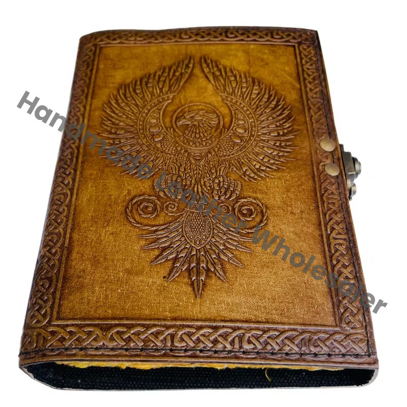 Antique Embossed Eagle Hardcover Leather Journal Spiral Metal Closure Charcoal Genuine Leather Cover Recycled Paper Writing