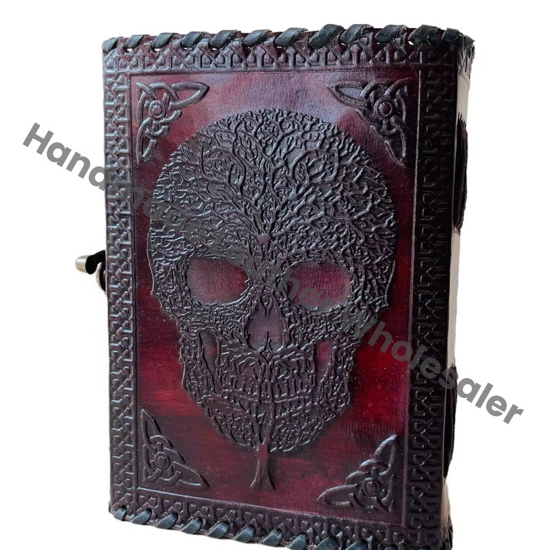 Antique Embossed Leather Journal Day Dead Stone Vintage Skull C Lock Yellow Guest Book Handmade Deckle Art Paper Notebook Gift