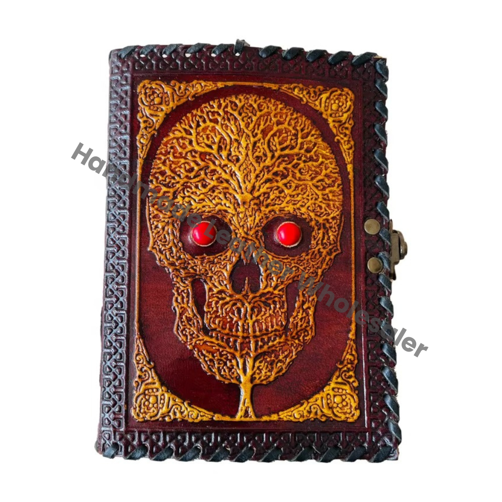 Antique Embossed Leather Journal Day Dead Stone Vintage Skull C Lock Yellow Guest Book Handmade Deckle Art Paper Notebook Gift