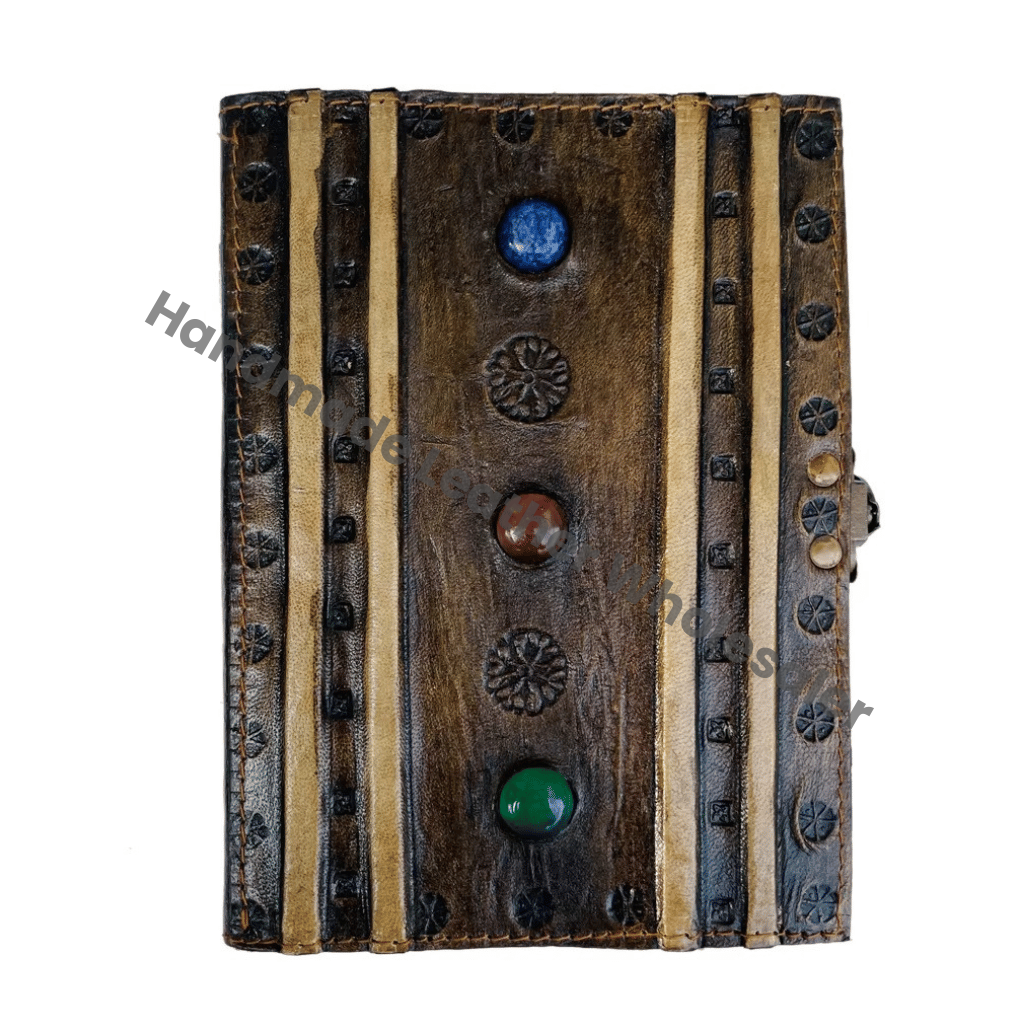 Antique Embossed Leather Journal Thermal Binding Three Stone Metal Closure Charcoal Genuine Recycled Paper Gift Writing Notebook