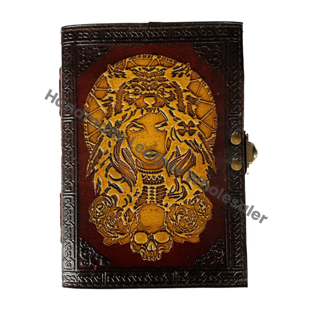 Antique Embossed Leather Journal with Metal Closure Woman with tiger Mask Yellow Hardcover Guest Book Handmade Paper Gift Her