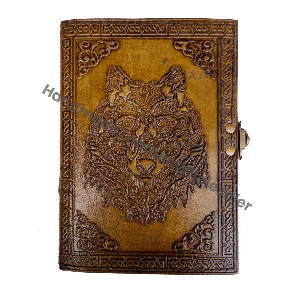 Antique Embossed Wolf Leather Journal with Metal Closure Charcoal Guest Book Handmade Paper Gift Him Day Personal Organizer