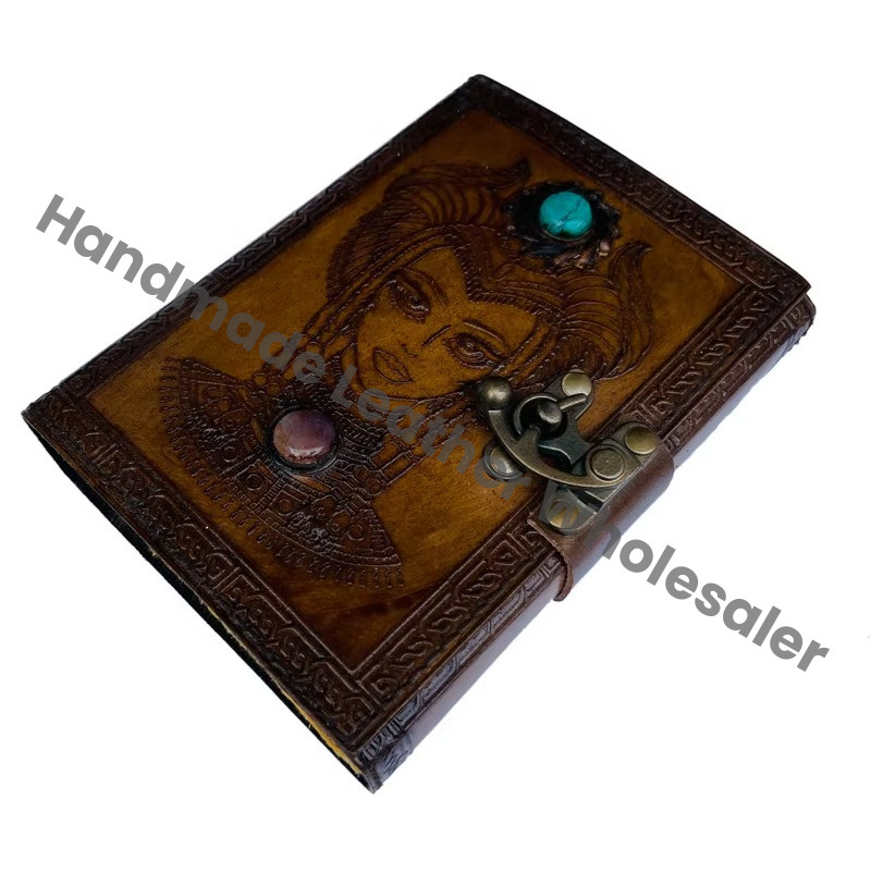 Antique Embossed Women's Face Stone Leather Journal Spiral Bound Handmade Paper Gift Organizer with Metal Closure Prop Spells