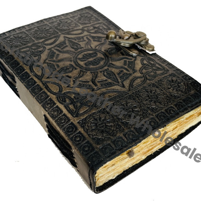 Antique Handmade Charcoal Hardcover Leather Journal Deckle Edge Paper Sketchbook Sun Embossed Vintage Charmed Gift