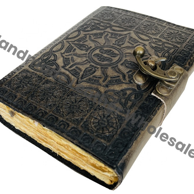 Antique Handmade Charcoal Hardcover Leather Journal Deckle Edge Paper Sketchbook Sun Embossed Vintage Charmed Gift