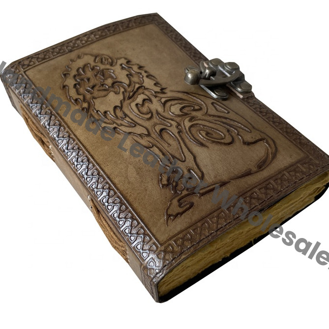 Antique Handmade Deckle Edge Paper Lion Charcoal Embossed Vintage Leather Hardcover Journal Thermal Sketchbook