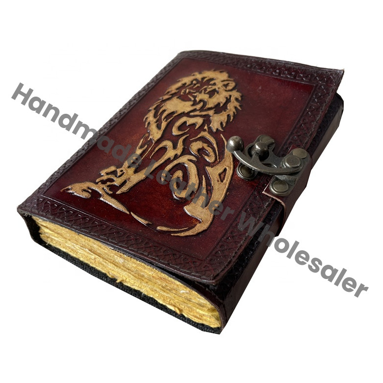 Antique Handmade LION Vintage Leather Journals Spell Wiccan Yellow Notebooks Writing Planner Deckle Paper Thermal Binding Gift