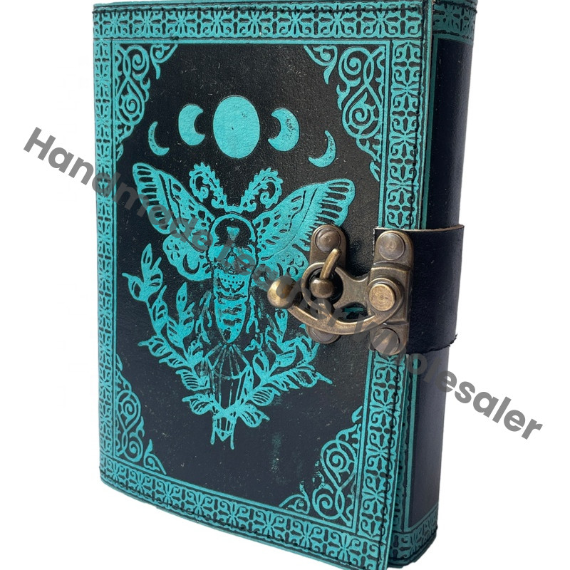 Antique Leather Book of Spell Charmed Sun Moon Moth Handmade Deckle Edge Paper Blue Embossed Vintage Travel Sketchbook