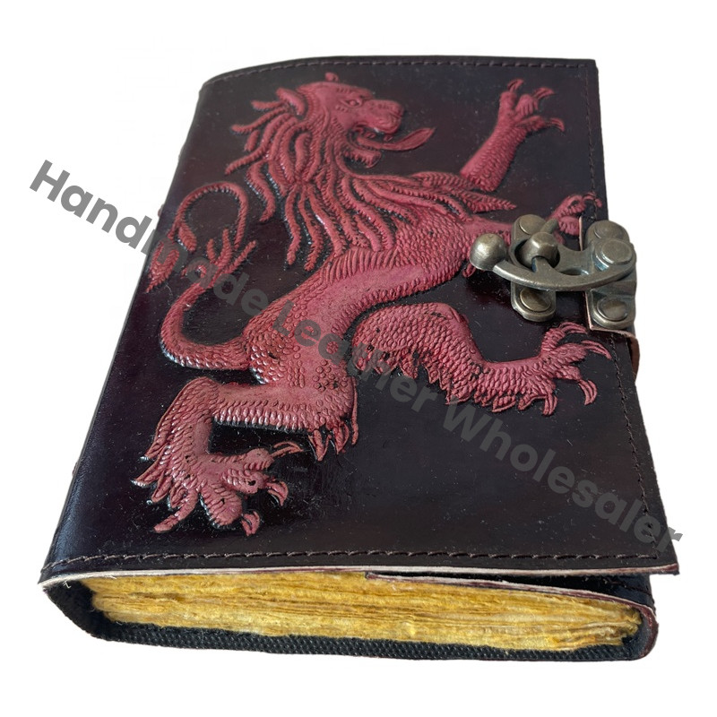 Antique Lion Leather Journal Handmade Deckle Edge Paper Red Embossed Vintage Journals Sketchbook Book of Charmed Spell planner