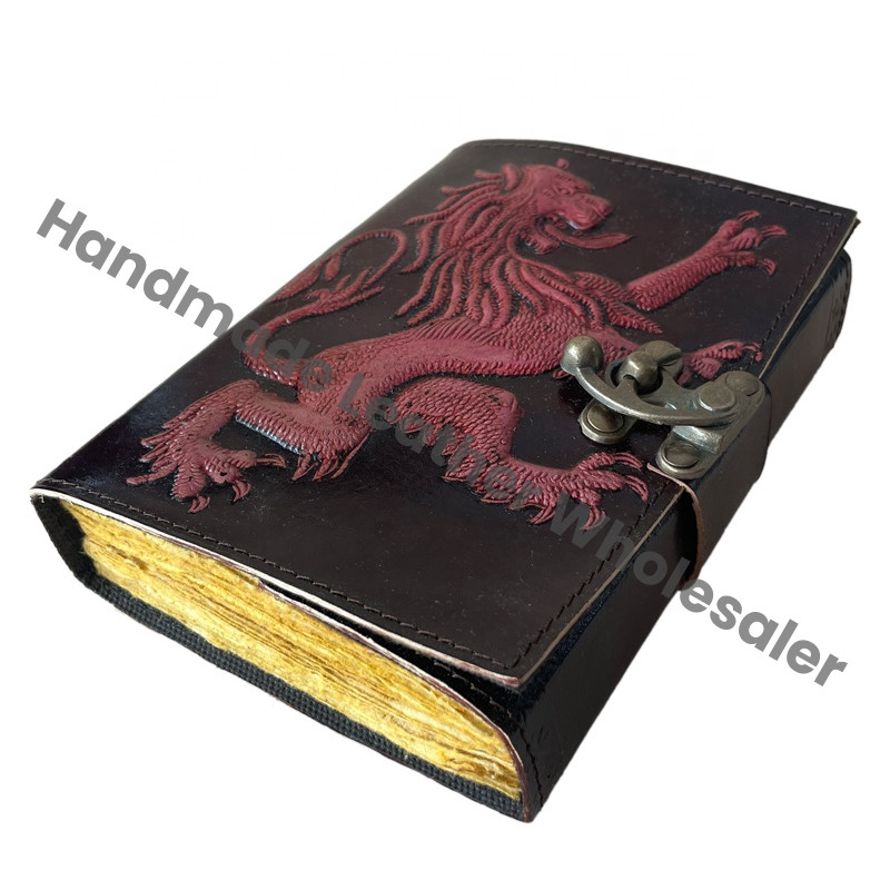 Antique Lion Leather Journal Handmade Deckle Edge Paper Red Embossed Vintage Journals Sketchbook Book of Charmed Spell planner